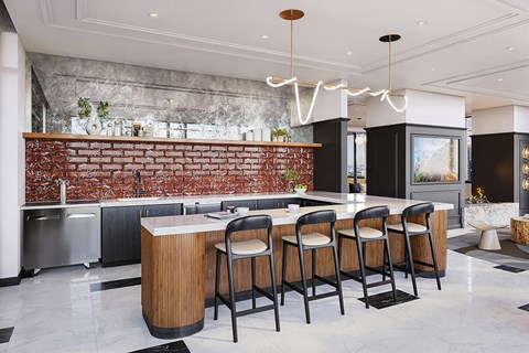 Rendering of sky lounge kitchen at 1010 Waugh Apartments in Houston TX