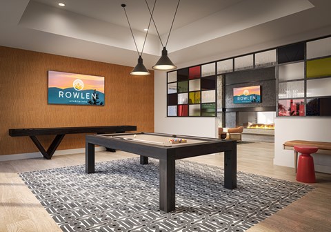 Social lounge game area at Rowlen Apartments in Broomfield CO