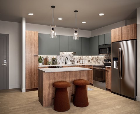 A modern kitchen with a white countertop and wooden cabinets.