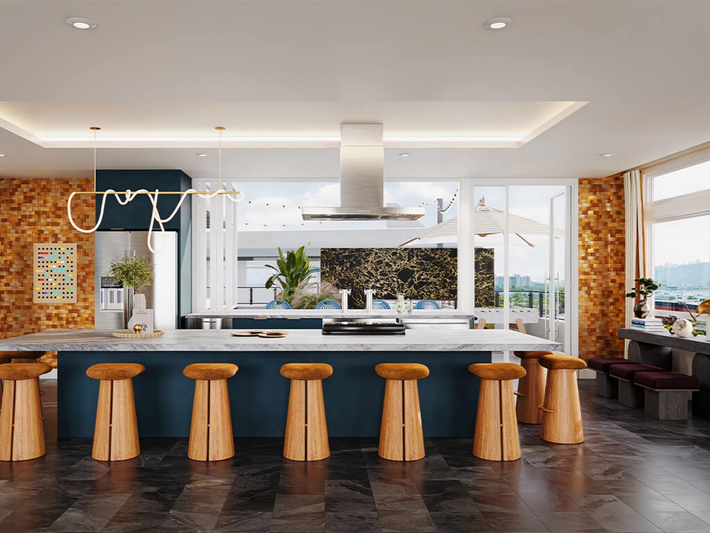 Rooftop lounge kitchen at Rivair Apartment Homes in San Diego CA
