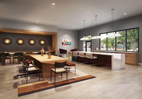 A modern dining room with a large table and chairs.