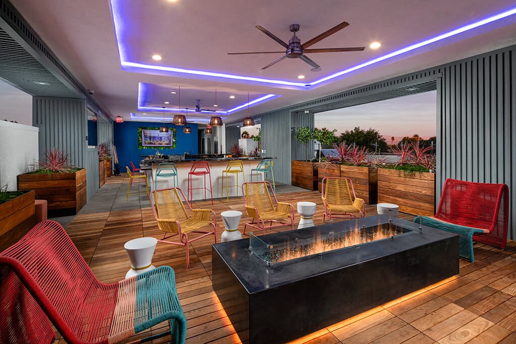 Rooftop Euphoria Fire Table On Lights at Chroma Apartment Homes in Canoga Park CA
