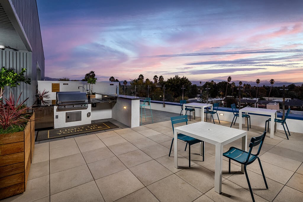 Rooftop Euphoria Seating Sunset at Chroma Apartment Homes in Canoga Park CA