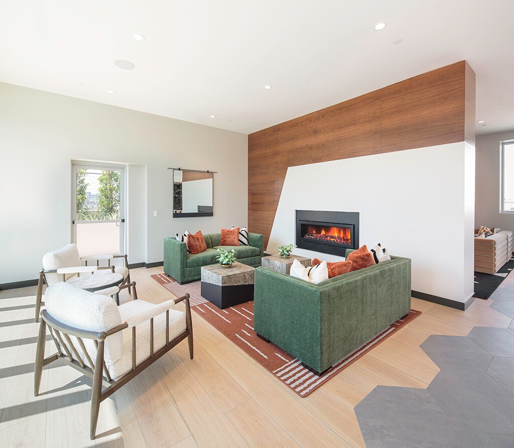 Rooftop Lounge Fireplace at The Wylden Apartments in Los Angeles CA