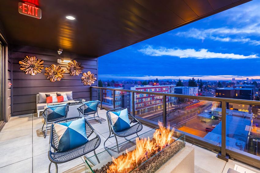 Rooftop Lounge at Dusk at The Perch PDX Apartments in Portland OR - Photo Gallery 1