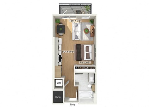 Studio floor plan at Heights at 1520 Apartments in Houston TX