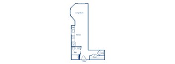 A floor plan of a small apartment with a living room, kitchen, bathroom, closet, and entry.