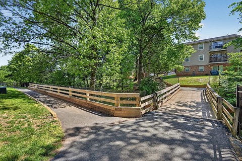 A bridge with a wooden railing connects two paths.