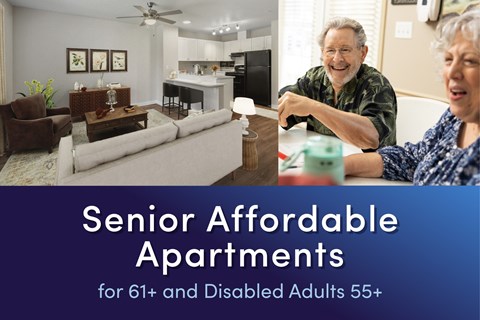 A poster advertising senior affordable apartments for 61+ and disabled adults 55+ with a photo of a living room and a dining area.