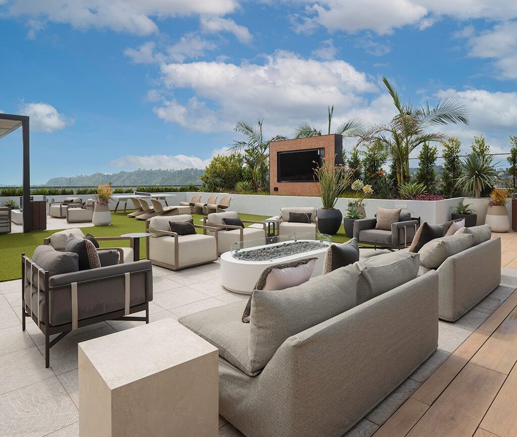 Sky Deck Seating and TV at The Wylden Apartments in Los Angeles CA