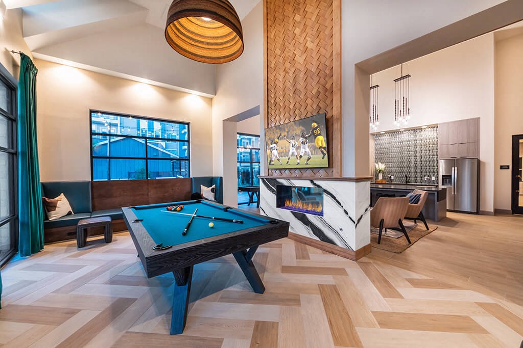 Social lounge billiards at 1900 Parmer Apartments in Austin TX