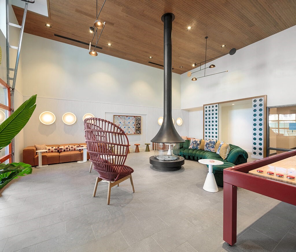 Social Lounge Fireplace at Bevel Apartments in San Diego CA