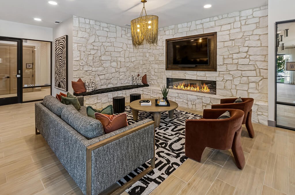 Social Lounge Fireplace at The Waylon Apartments and Townhomes in McKinney TX