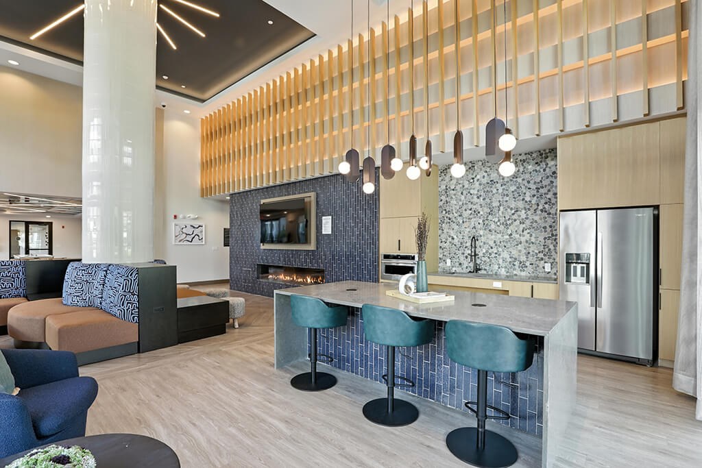 Social lounge kitchen at Station 316 Apartments in Woburn MA