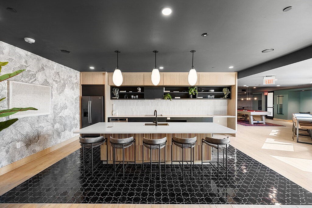 Social lounge kitchen at East Bend Apartments in Houston TX
