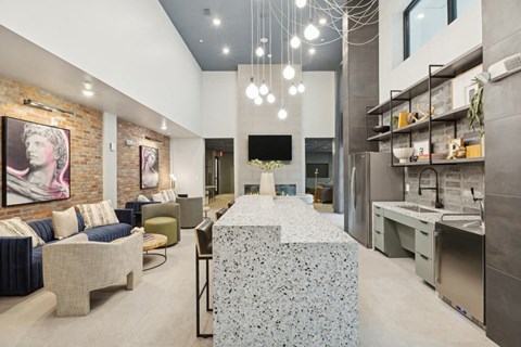 Social lounge kitchen at Luca Apartments in Austin TX