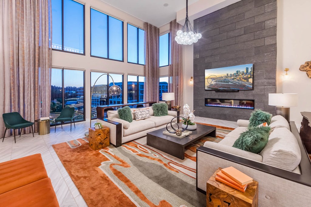 Social Lounge Seating Area at Dusk at Aspect at Totem Lake Apartments in Kirkland WA