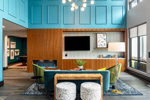 Social lounge seating and tv at The Belhaven in Alexandria VA