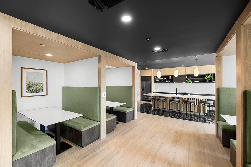 Social lounge work boothes at East Bend Apartments in Houston TX