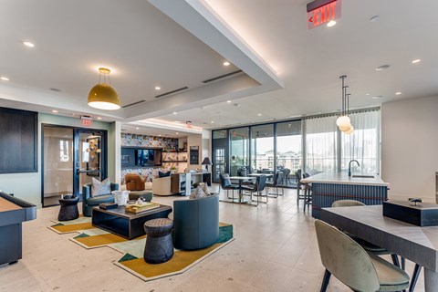 Social lounge and patio at 1010 Waugh Apartments in Houston TX