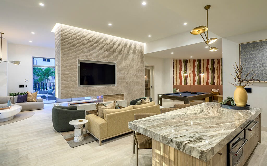 Social lounge fire place at Treo Apartments in Fort Lauderdale FL