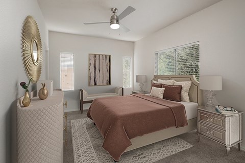 A bedroom with a bed, nightstand, and a mirror on the wall.