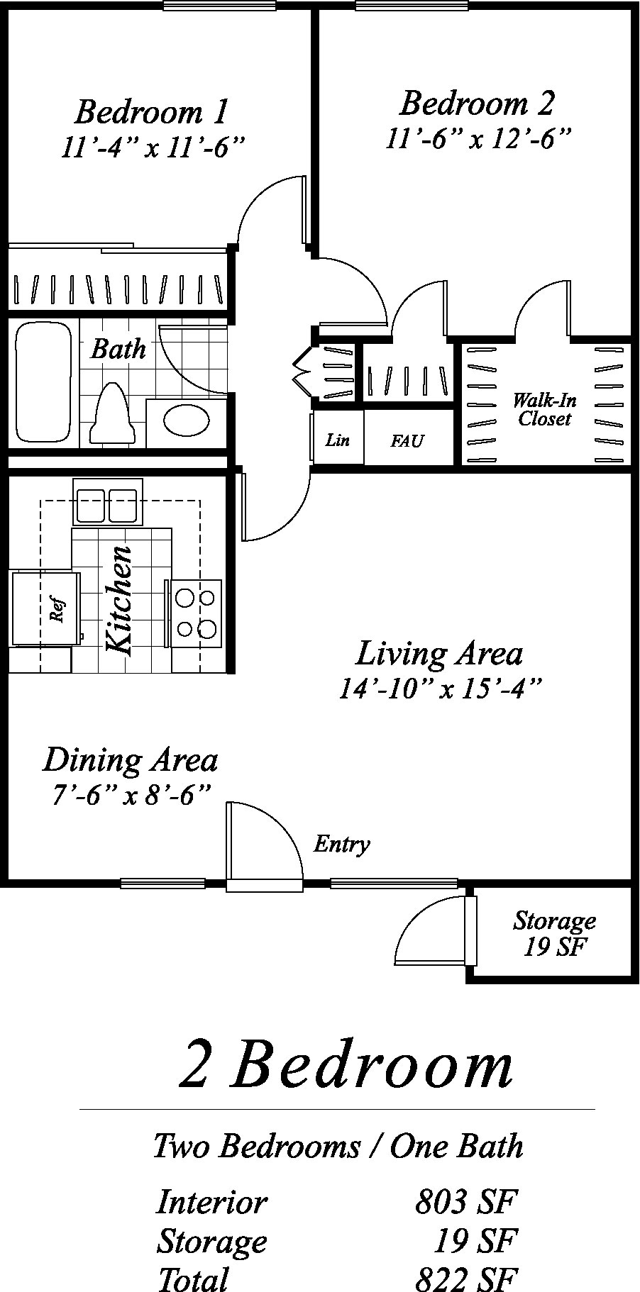A floor plan of a 2 bedroom apartment with one bathroom, living area, dining area, and storage.