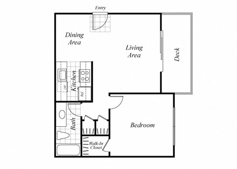 One bedroom one bathroom A1 floorplan at Timberleaf Apartments in Lakewood, CO