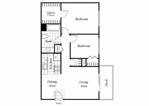 Two bedroom one bathroom B1 floorplan at Timberleaf Apartments in Lakewood, CO