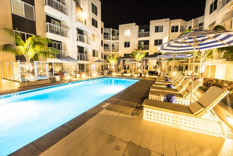 Twilight pool at Apex apartments in Laguna Niguel CA