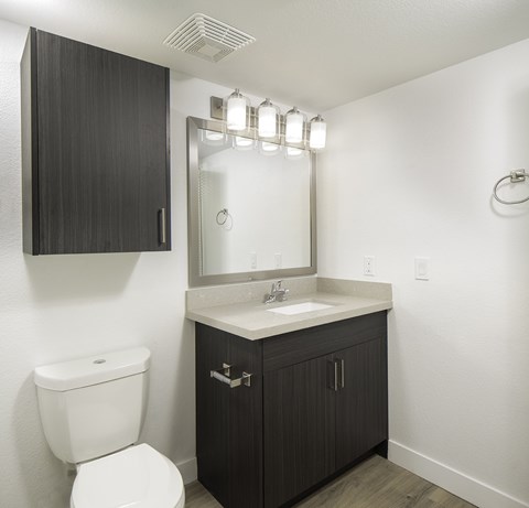 A bathroom with a toilet, sink, and mirror.