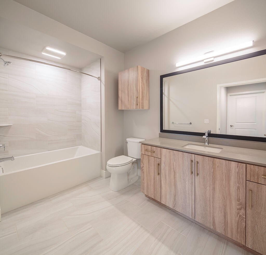 Vacant Kale Design Package Bathroom at The Wylden Apartments in Los Angeles CA