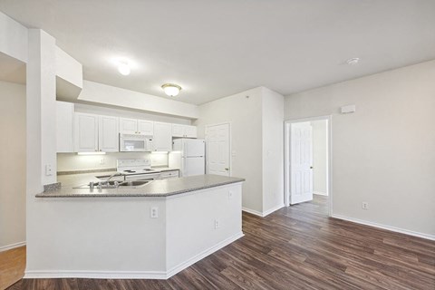 a kitchen with a counter top and a stove and a refrigerator