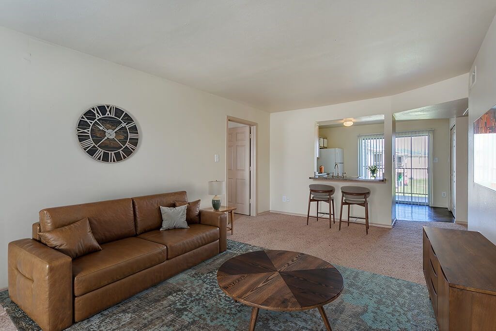 Vacant living room at Paradise Oaks apartments in Austin TX