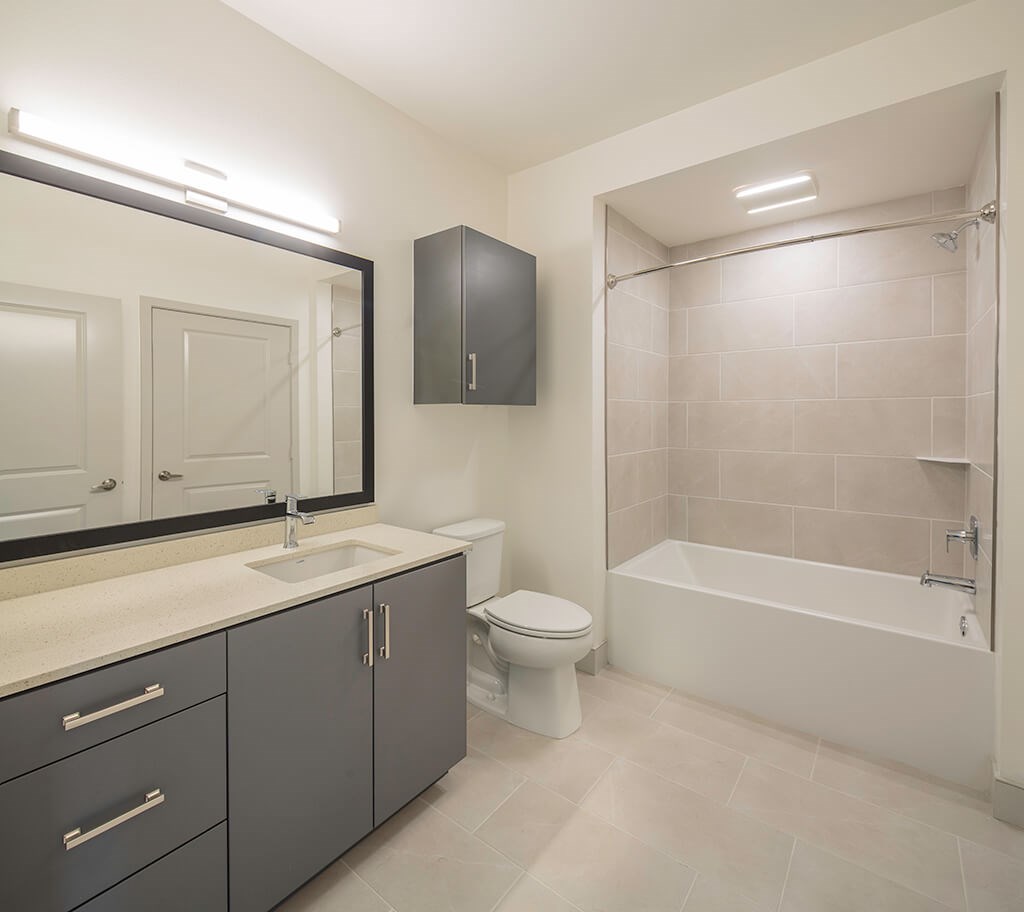 Vacant Marble Design Package Bathroom at The Wylden Apartments in Los Angeles CA