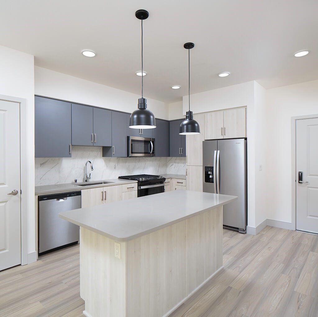 Vacant Marble Design Package Kitchen at The Wylden Apartments in Los Angeles CA