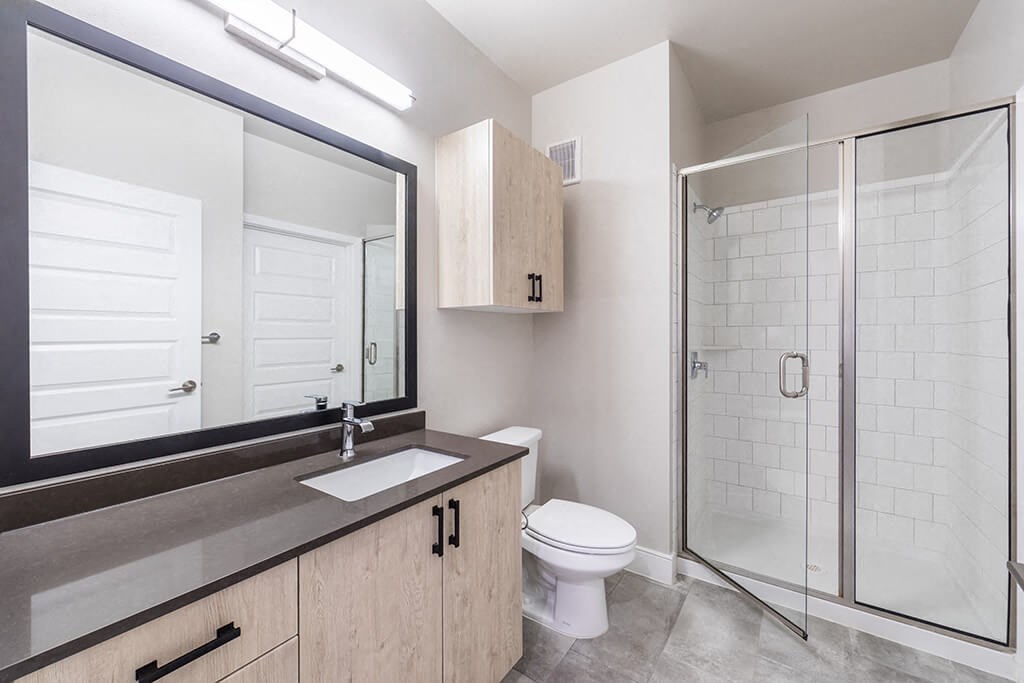a bathroom with a sink toilet and a shower