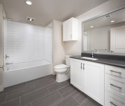 Slate design package bathroom with shower tub combo at The Seaton Apartments in San Diego CA