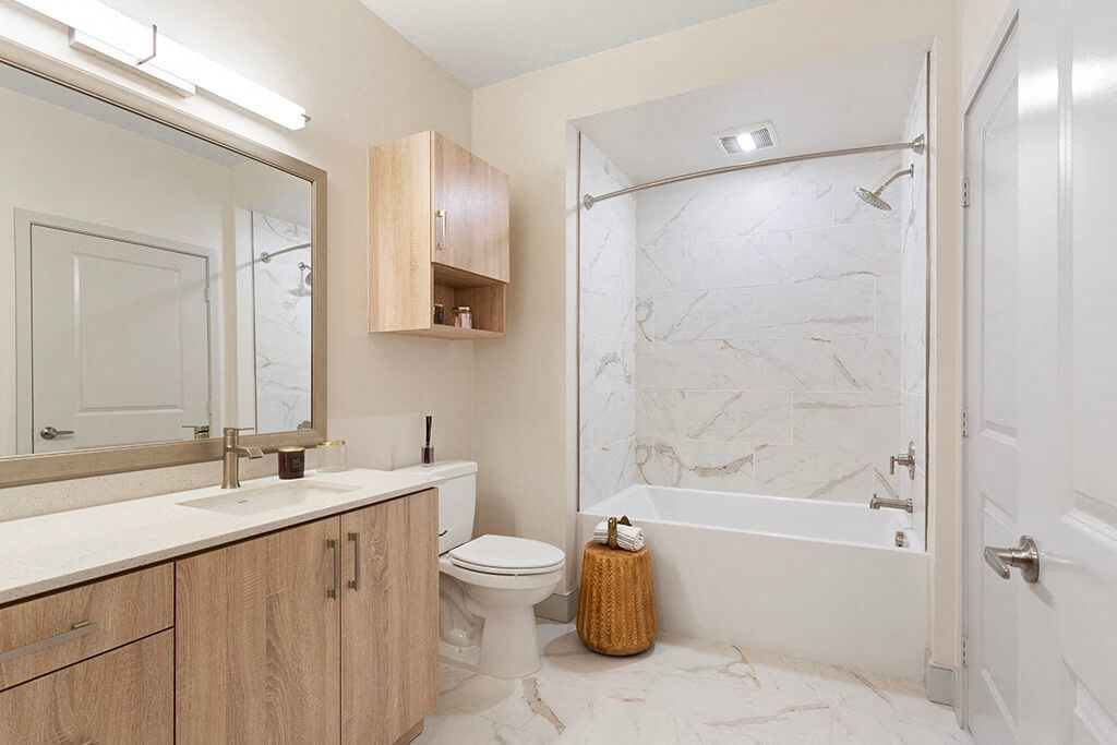 Vacant Sparkle Design Package Bathroom at Chroma Apartment Homes in Canoga Park CA
