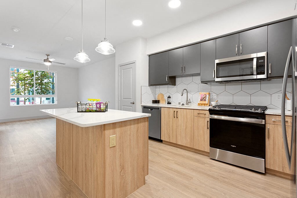 Vacant Sparkle Design Package Kitchen at Chroma Apartment Homes in Canoga Park CA
