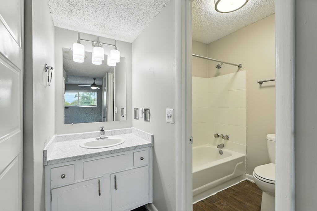 Bathroom with shower at City Side Flats Apartments in Nashville TN