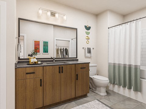 Warm Charcoal Bathroom Scheme at The Quill Apartments in Milford, MA