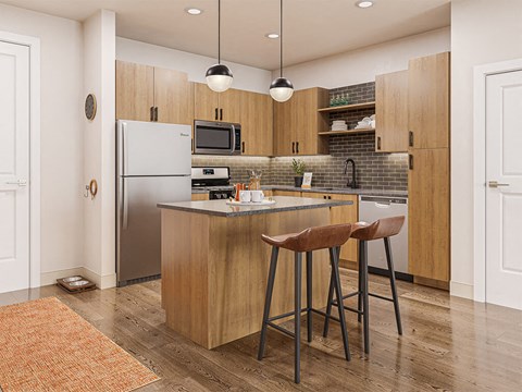 Warm Charcoal Kitchen Scheme at The Quill Apartments in Milford, MA