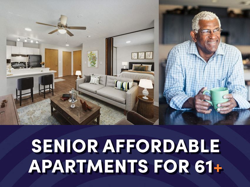 Photo of interior of apartment with text that reads senior affordable apartments for ages 61 plus - Photo Gallery 1