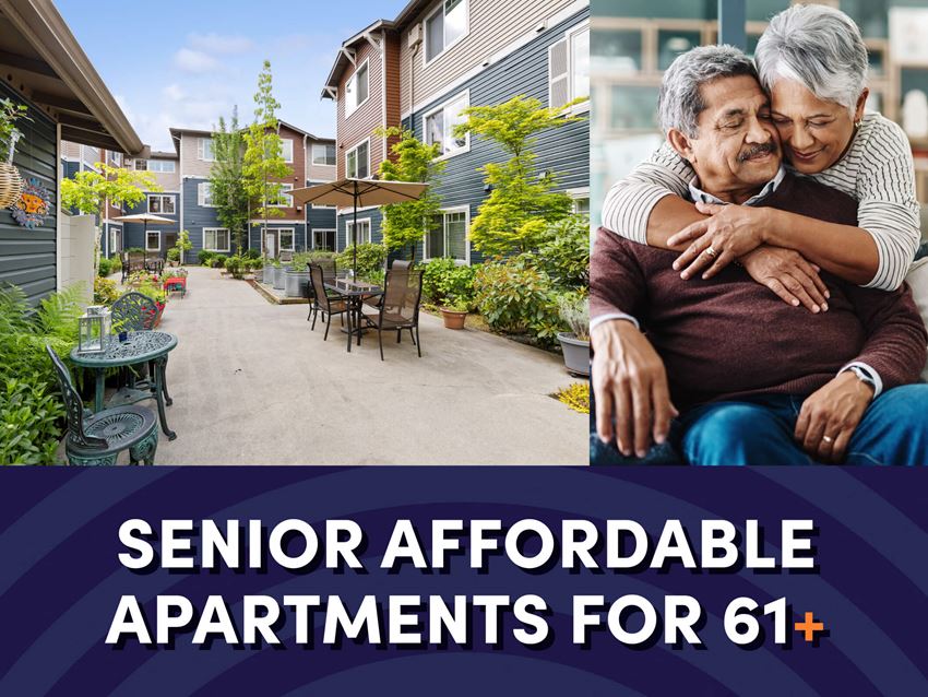 Photo of exterior of apartment courtyard with text that reads senior affordable apartments for ages 61 plus - Photo Gallery 1