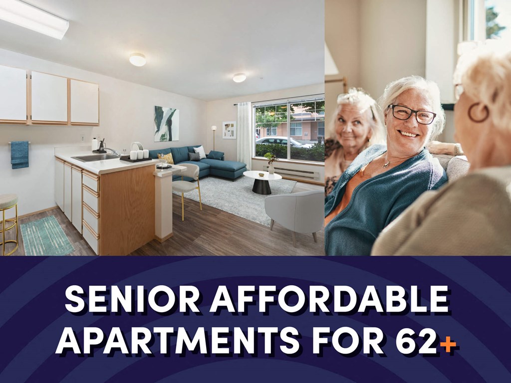 Photo of interior of apartment with text that reads senior affordable apartments for ages 62 plus