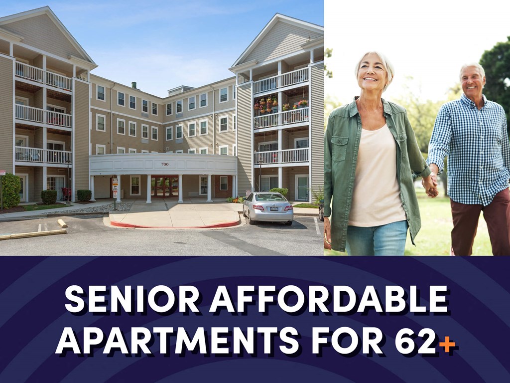 a man and a woman walking in front of apartment exterior with the text senior affordable apartments for ages 62 plus