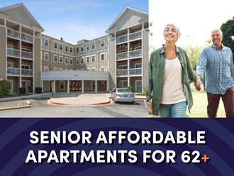 a man and a woman walking in front of apartment exterior with the text senior affordable apartments for ages 62 plus