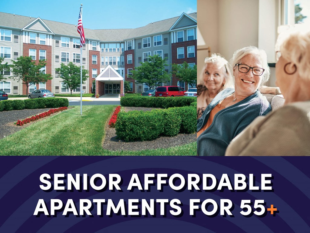 an image of three women sitting in front of an apartment building with the text senior affordable apartments for ages 55 plus