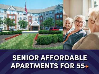 an image of three women sitting in front of an apartment building with the text senior affordable apartments for ages 55 plus